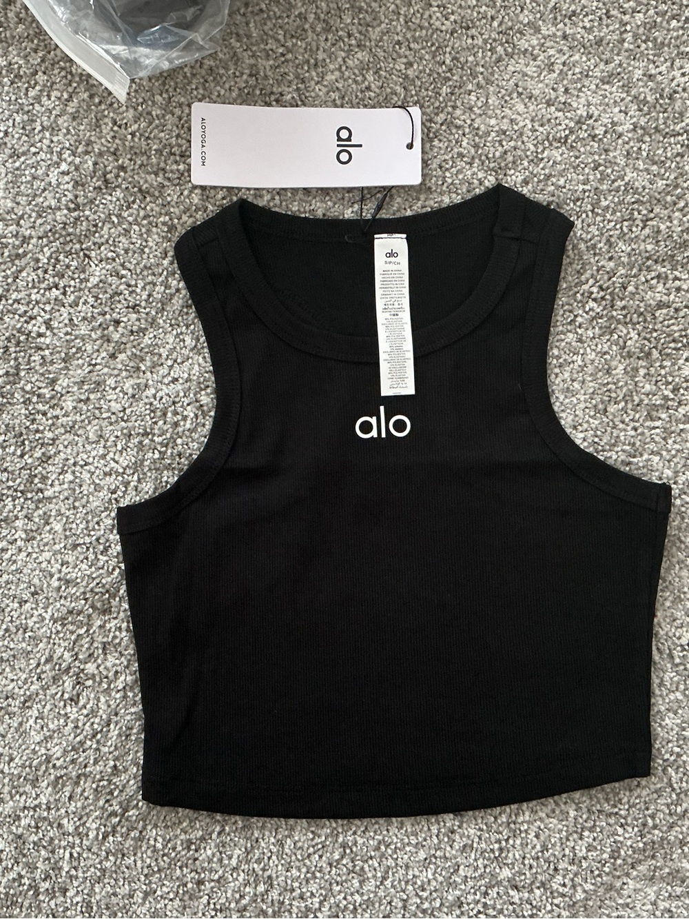 ALO Yoga Black Ribbed Cropped Tank with White Logo